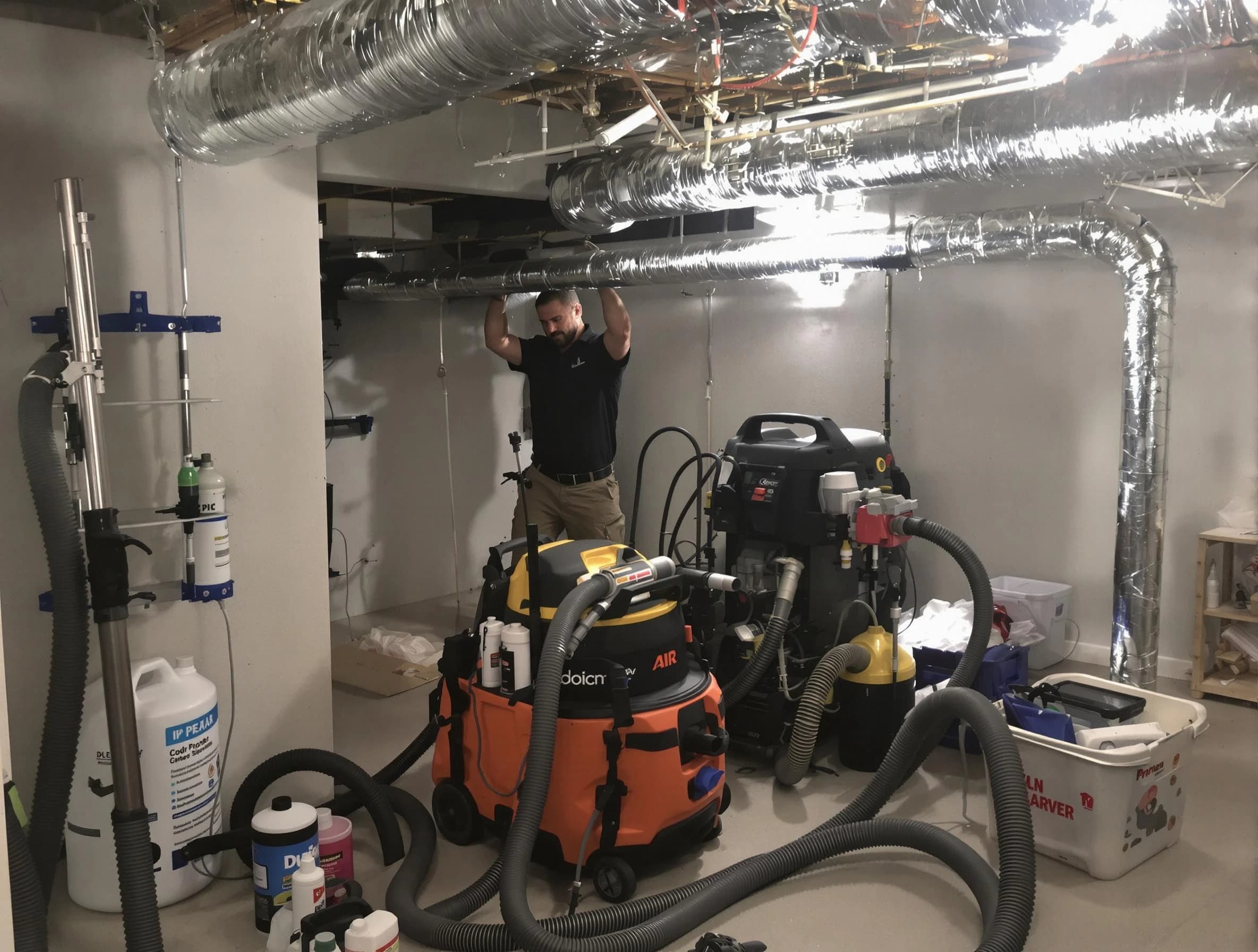 Waltham Air Duct Cleaning specialist performing professional mold removal from air ducts using safety equipment in Waltham