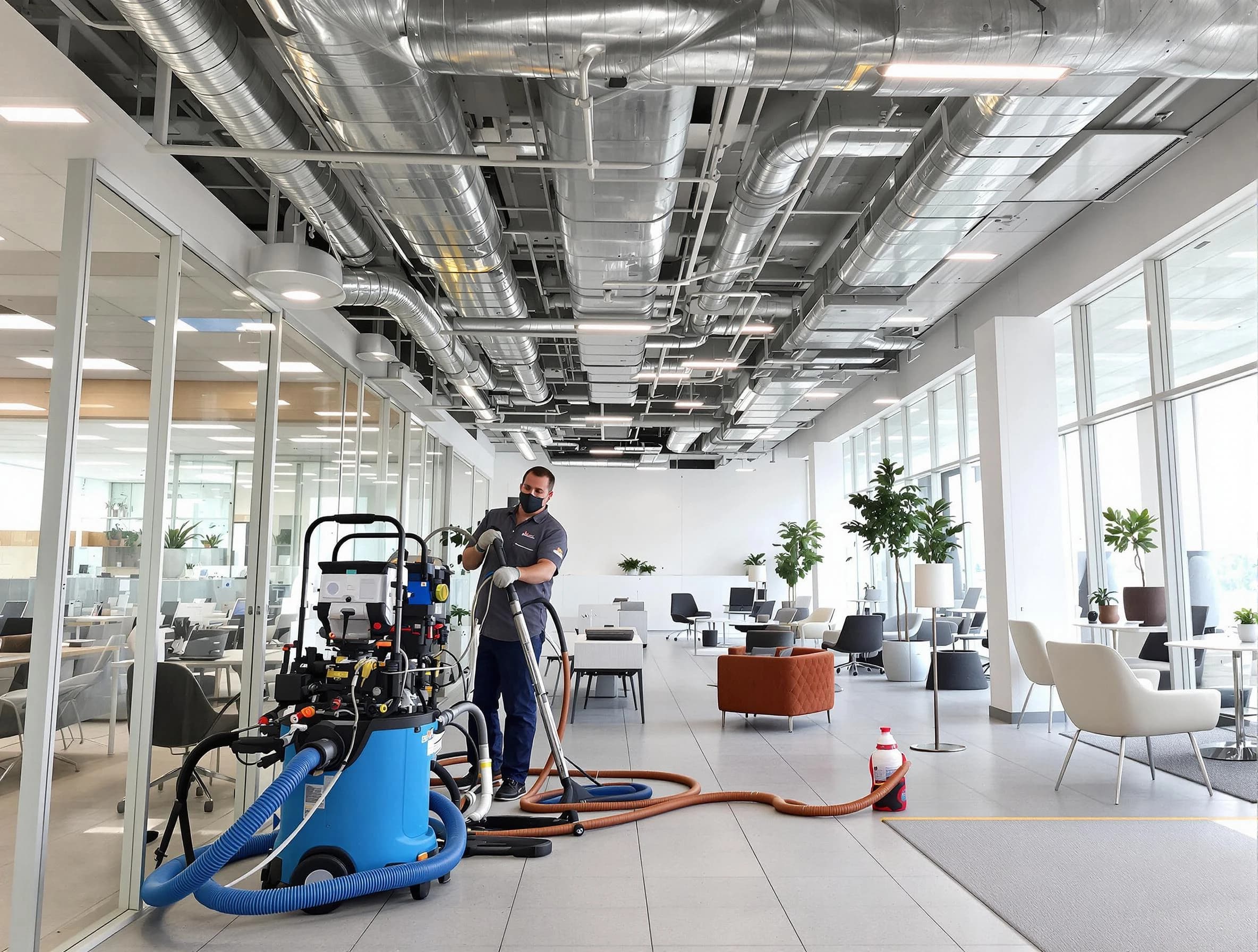 Waltham Air Duct Cleaning team conducting comprehensive commercial duct cleaning at a business location in Waltham