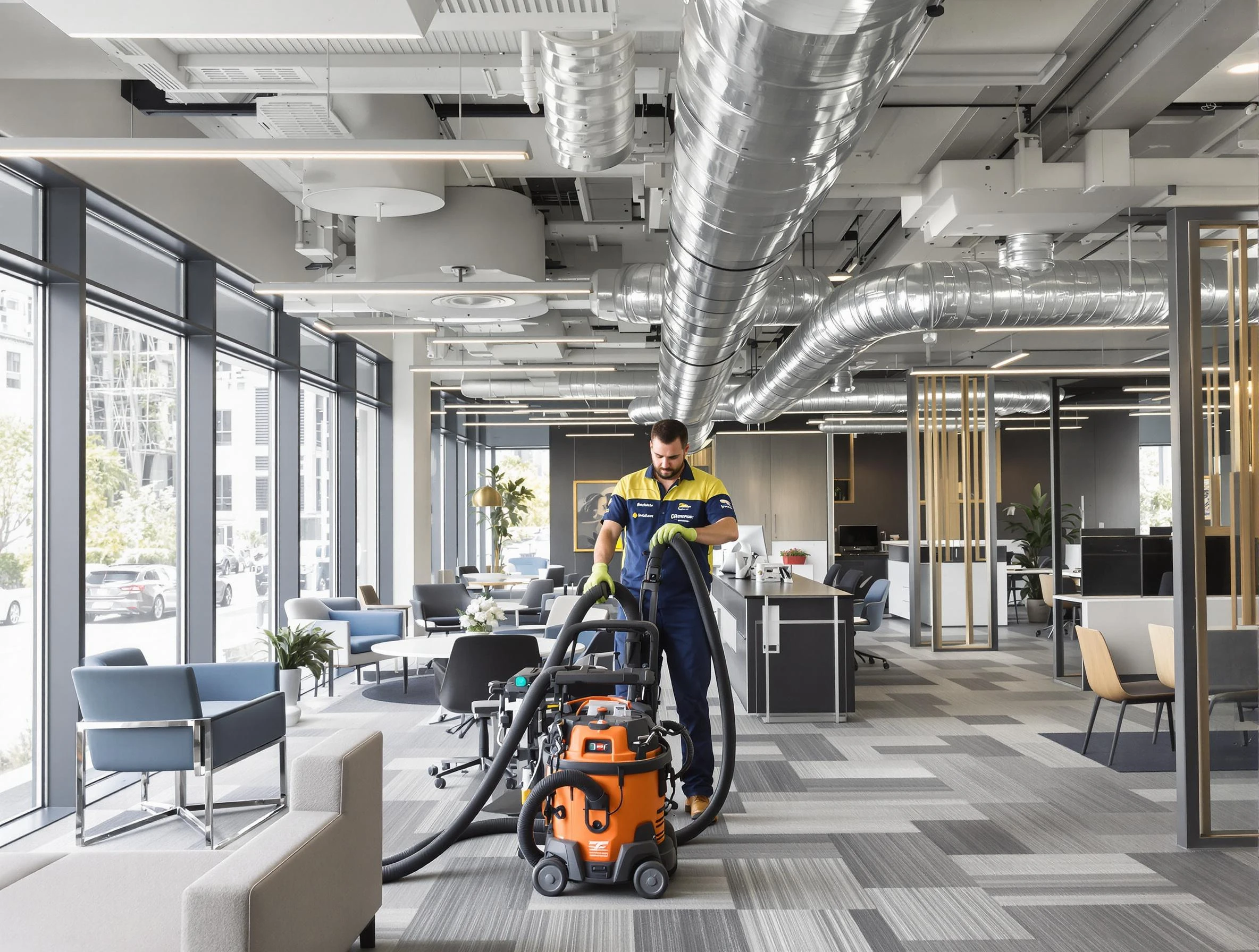 Waltham Air Duct Cleaning team performing thorough commercial duct cleaning at a Waltham business center